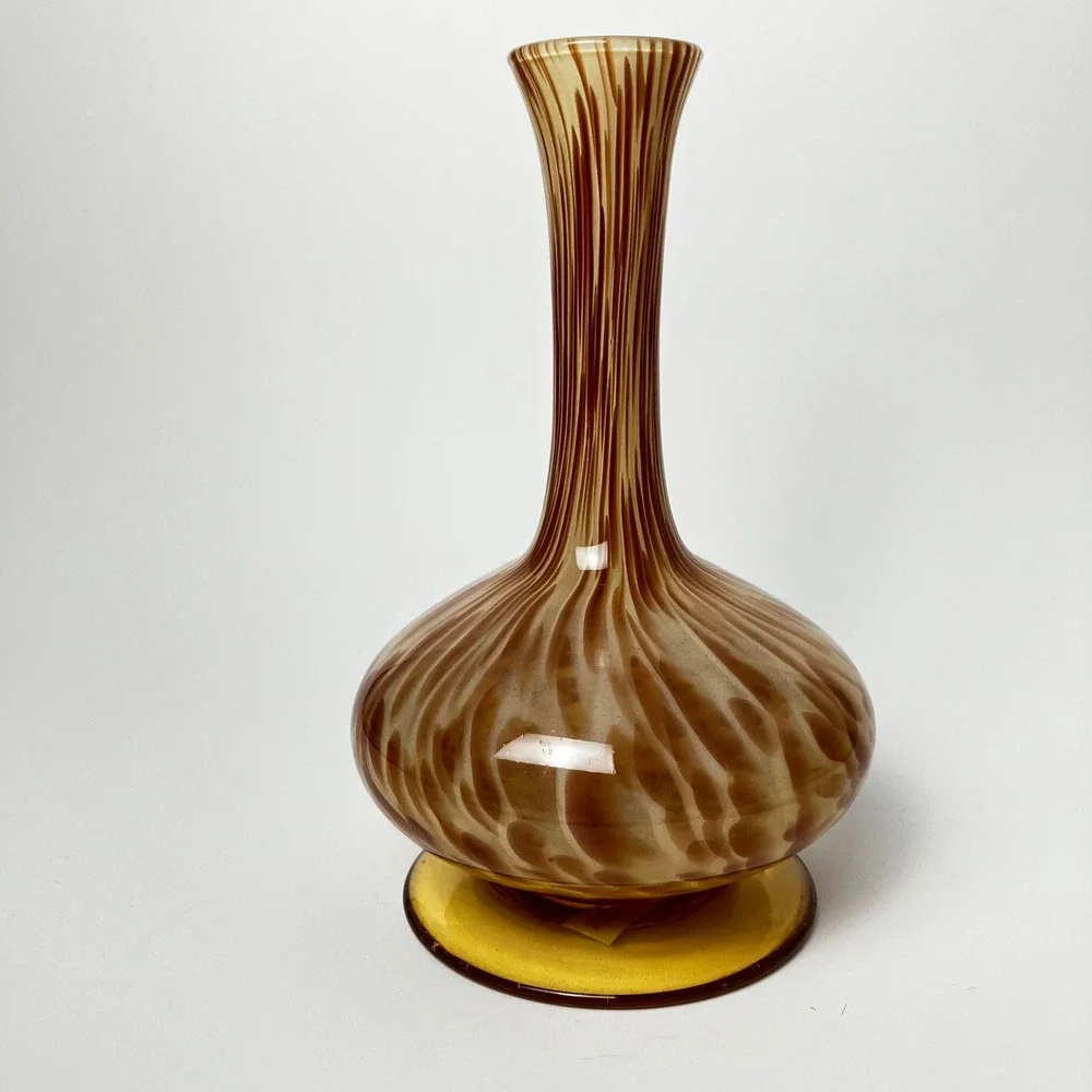 Vintage Italian Art Glass Vase - Amber Tortoise Swirl, White Cristal Style 7.5
